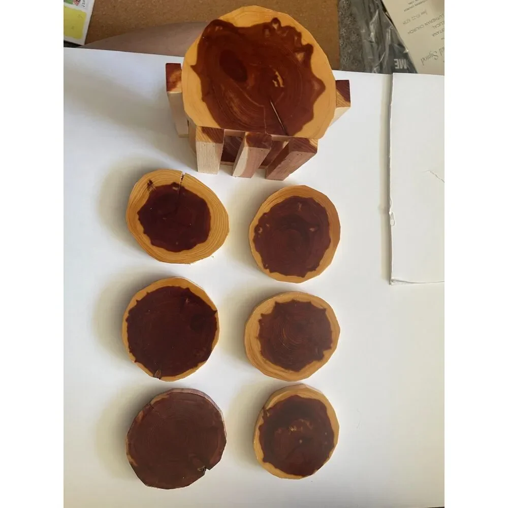 Rustic Wood Coasters & Caddy Cabin Decor Vintage Solid Tree Natural